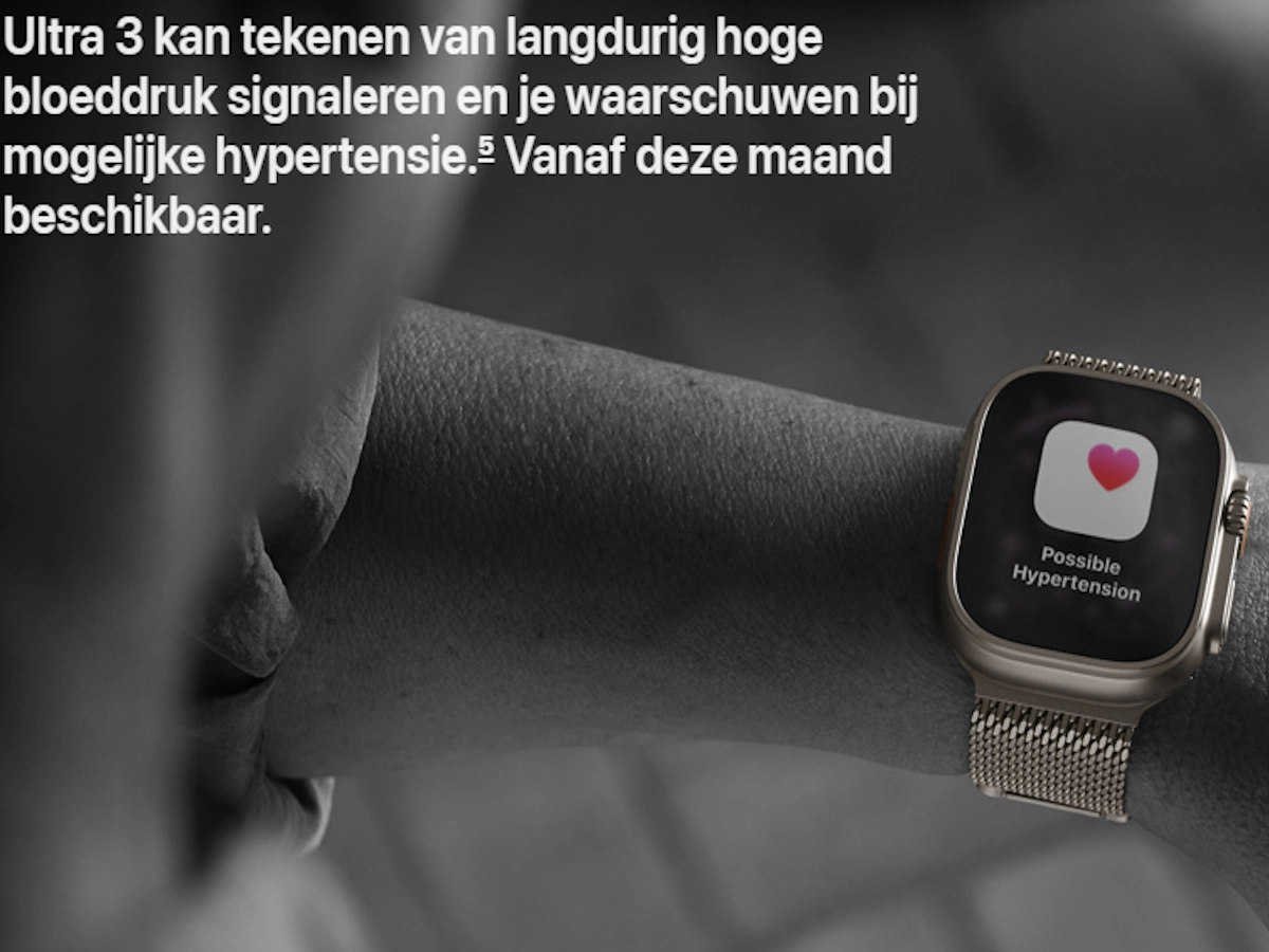Apple Watch Ultra 3 met hypertensie-alert op het scherm