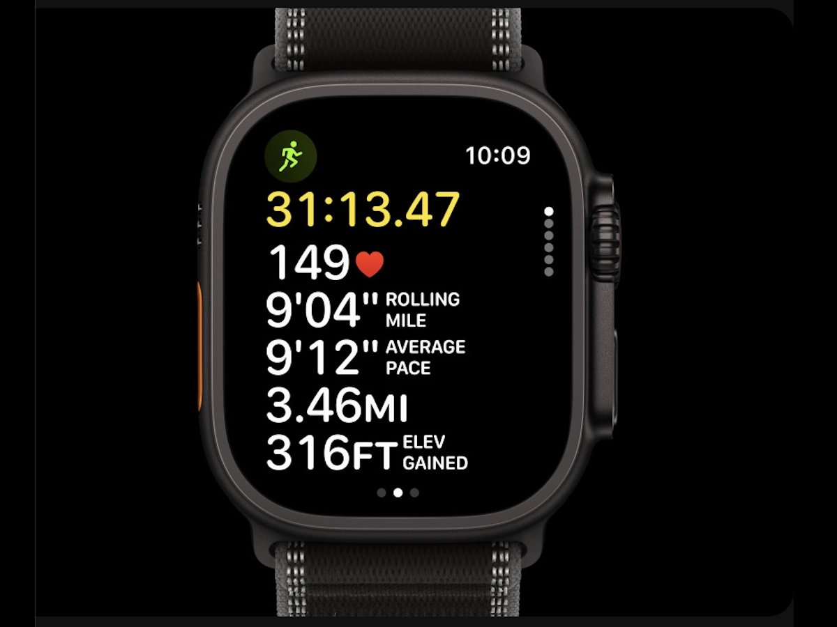 Sportactiviteit weergave op het scherm van de Apple Watch Ultra 3
