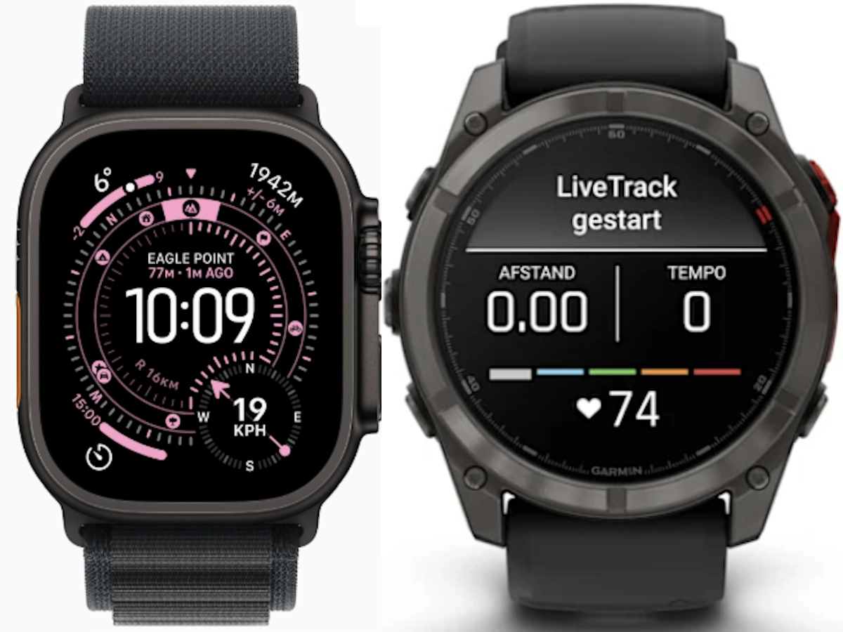 Apple Watch Ultra 3 naast Garmin Fenix 8 Pro ter vergelijking