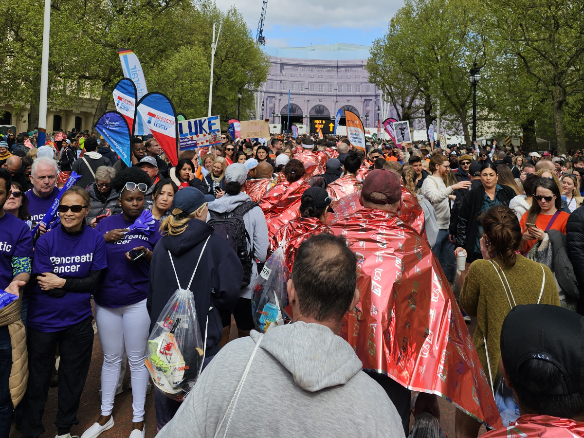 Hardlopers bij finish London Marathon