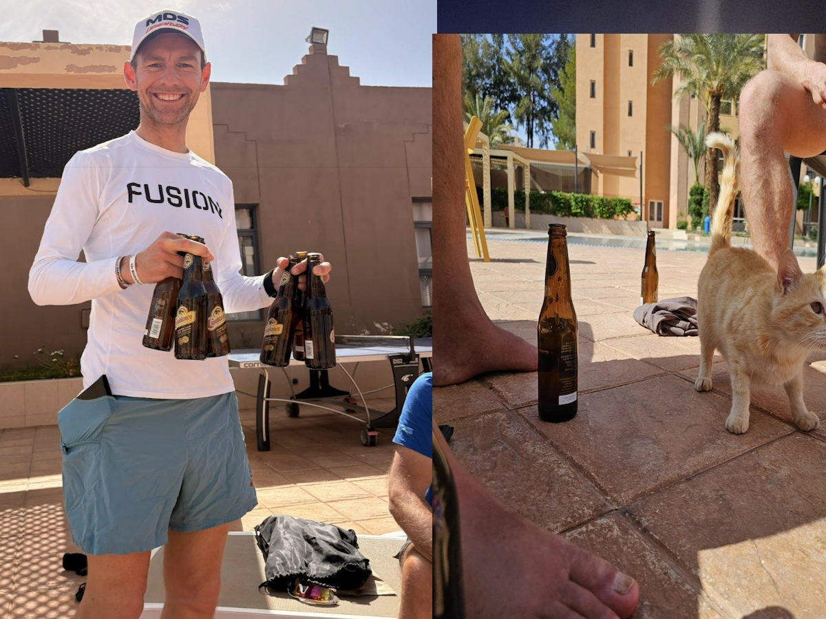 Biertjes bij het zwembad na de finish van de Marathon des Sables